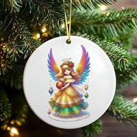 Adorable Ceramic Angel Tree Ornament, Rainbow Wings Angel Christmas Ornament, Colorful Wing Keepsake, Festive Xmas Tree Circle Ornament