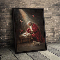 Religious Christmas Canvas Art, Santa Kneeling Before Baby Jesus Canvas, Nativity Scene Artwork, Holiday Wall Decor, Christian Canvas Present