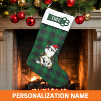 Custom Name Pet Christmas Stocking, Personalized Buffalo Plaid Cat Christmas Stocking, Rustic Christmas Stocking, Present for Cat Lovers