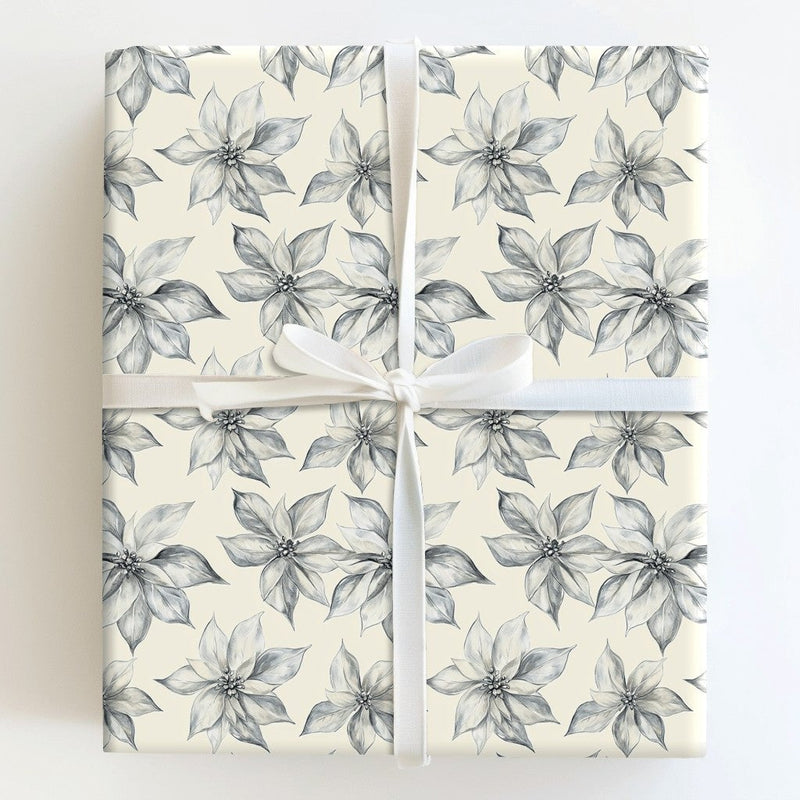 Grayscale Floral Gift Wrap, Vintage Poinsettia Christmas Wrapping Paper, Sketched Botanical Wrapping Paper, Elegant Winter Wrapping Paper