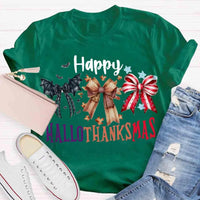 Halloween Thanksgiving Christmas Shirt, Happy Hallothanksmas Bow T-Shirt, Humorous Fall Holiday Mashup Graphic Tee, Autumn Coquette Top