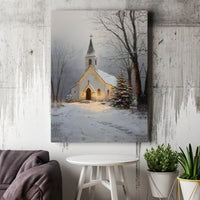Snowy Christmas Landscape Canvas Print, Winter Church Canvas Wall Art, Country Chapel Holiday Scene Canvas Decor, Digital Download