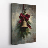 Red Ribbon Pine Branch Oil Painting Poster, Vintage Christmas Bell Wall Art, Festive Winter Holiday Print, Digital Download Seasonal Decor