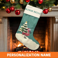 Tropical Sleigh Belles Stocking, Personalized Flamingo Christmas Stocking, Custom Pink Bird Holiday Stocking, Velboa Mantel Decor Xmas Present