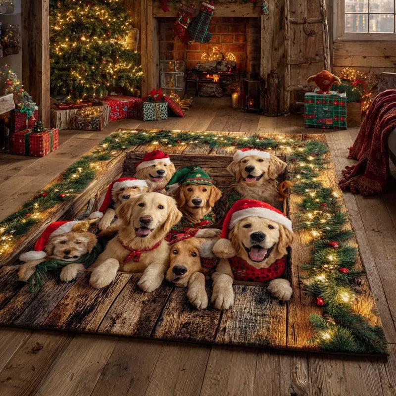 Santa Puppy Holiday Dog Rug, Golden Retriever Christmas Area Rug, Festive Garland Winter Floor Mat, Washable Bedroom Rug, Dog Lover Present