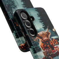 Festive Winter Lights Samsung Galaxy Case, Christmas Highland Cow Phone Case, Dual Layer Polycarbonate Tough Cover, Holiday Present