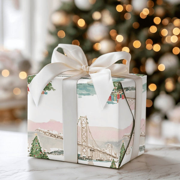 Watercolor Landmark Holiday Gift Wrap, San Francisco Bay Bridge Wrapping Paper, California Christmas Present Wrap, Festive Wi