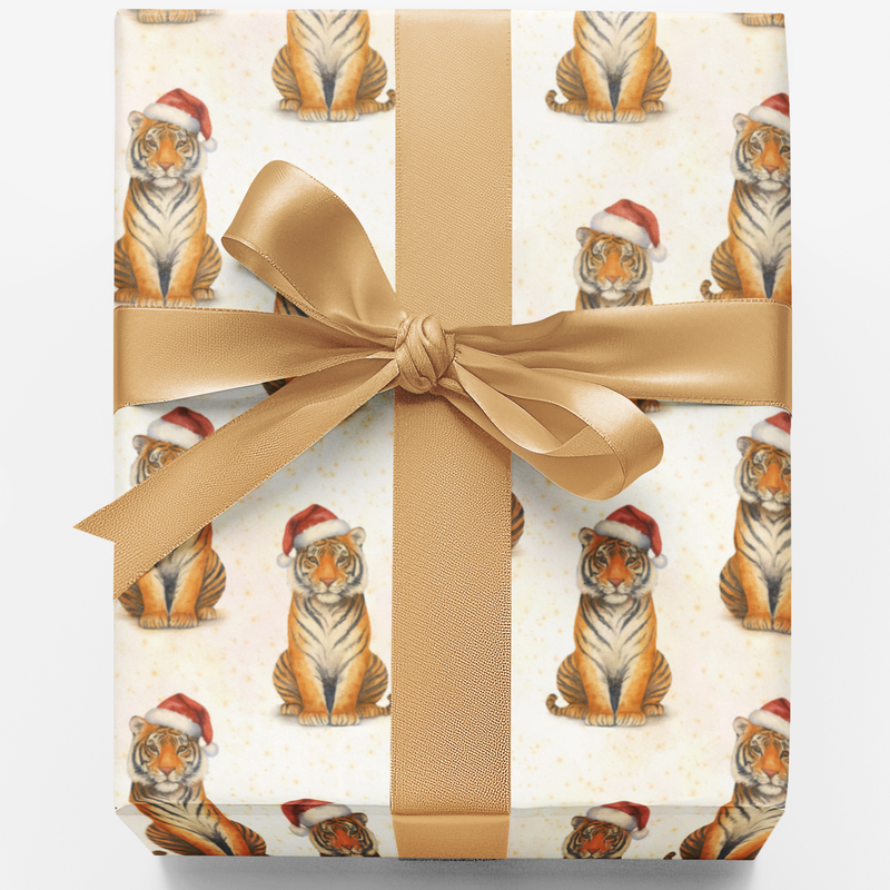 Santa Hat Animal Gift Wrap, Tiger Christmas Wrapping Paper, Festive Wildlife Holiday Wrapping Paper, Adorable Winter Safari Gift Wrap Paper Roll