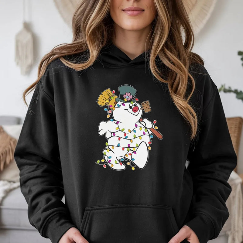 Festive Light Up Winter Snowman Hoodie, Christmas Snowman Hoodie, Retro Holiday Party Graphic Sweatshirt, Comfy Adorable Xmas Pullover Hoodie