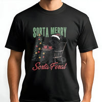 Humorous Christmas Animal Graphic Tee, Sorta Merry Sorta Feral Raccoon T-Shirt, Sarcastic Raccoon Shirt, Holiday Winter Trash Panda T-Shirt