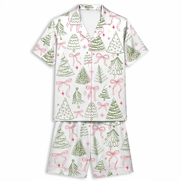 Coquette Bow Holiday Sleepwear, Preppy Christmas Tree Satin Pajama Set, Silky Short Sleeve Button Up PJ Set, Festive Xmas Lou