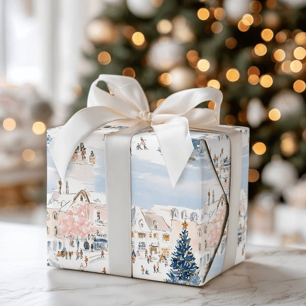 Town Square Christmas Gift Wrap, European Winter Village Wrapping Paper, Watercolor Holiday Wrapping Paper, Snowy Festive Wra
