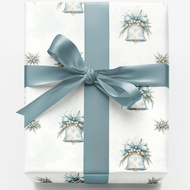 Silver Blue Holiday Wrapping Paper, Winter Bell Christmas Wrapping Paper, Elegant Floral Gift Wrap, Festive Winter Bell Wrapping Paper Roll