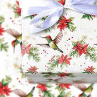 Watercolor Bird Gift Wrap, Hummingbird Christmas Wrapping Paper, Festive Poinsettia Holly Paper, Holiday Gift Wrap Roll