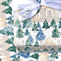 Watercolor Landmark Gift Wrap, Taj Mahal Christmas Tree Wrapping Paper, Blue Green Pine Tree Wrapping Paper, Holiday Travel Gift Wrap