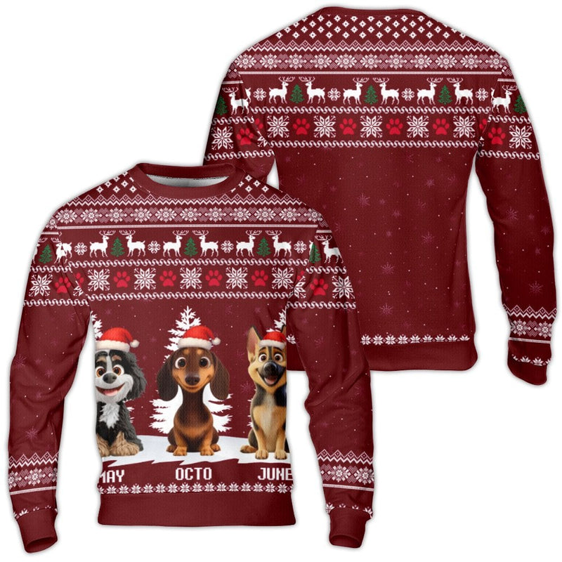 Cartoon Dog Christmas Sweater, Three Puppies Santa Hat Ugly Sweater, Adorable Puppy Holiday Sweatshirt, Dog Lover Xmas Pullover, Winter Present