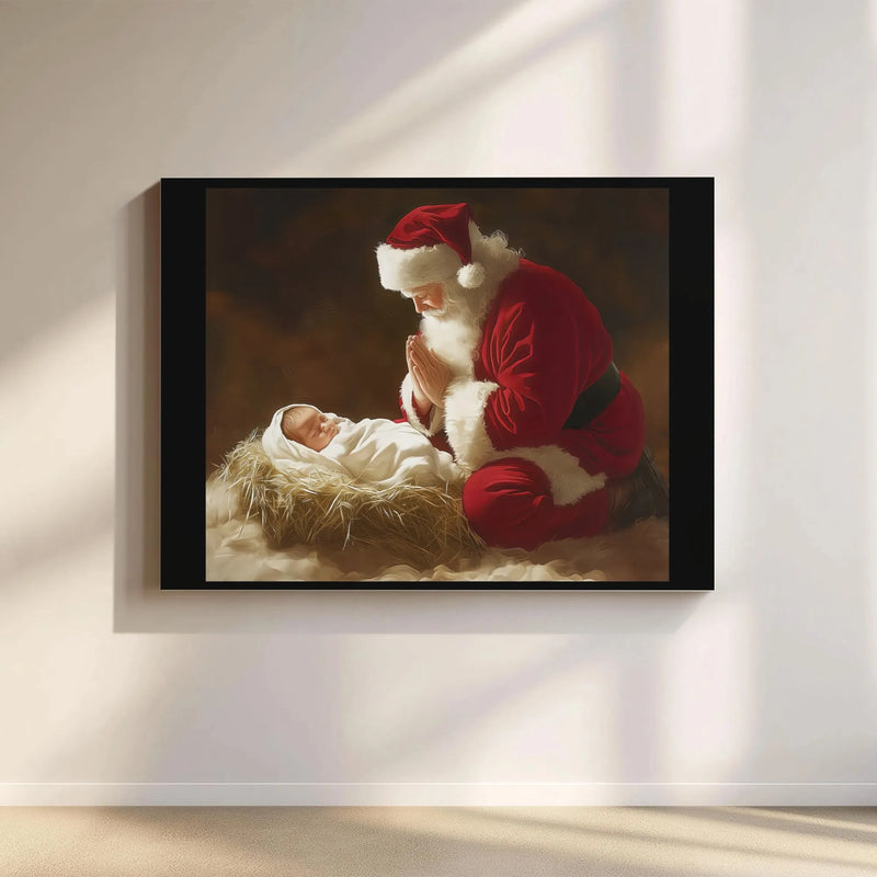 Religious Christmas Wall Art, Santa Kneeling Before Baby Jesus Canvas, Christian Nativity Canvas Print, Holy Holiday Decor Present