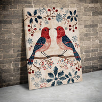 Folk Art Red Cardinal Birds Canvas Print, Winter Birds Canvas Wall Art, Comfy Holiday Nature Wall Decor, Christmas Present for Bird Lovers