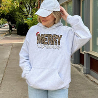 Santa Hat Animal Print Hooded Sweatshirt, Merry Christmas Leopard Print Hoodie, Trendy Holiday Pullover, Comfy Xmas Present for Her Him