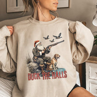 Humorous Hunting Santa Sweater, Duck the Halls Christmas Sweatshirt, Waterfowl Hunter Holiday Crewneck, Duck Hunting Xmas Present