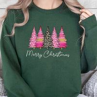 Merry Christmas Sweatshirt, Pink Leopard Christmas Tree Sweatshirt, Retro Holiday Leopard Tree Crewneck, Festive Winter Graphic Pullover
