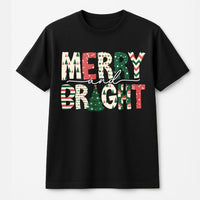 Festive Christmas Tree Typography Tee, Merry and Bright T-Shirt, Holiday Season Graphic Shirt, Xmas Winter Merry Bright T-Shirt