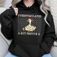 Humorous Christmas Duck Holiday Sweatshirt, Overstimulated but Festive Goose Hoodie, Adorable Animal Lover Hooded Pullover, Introvert Xmas Present