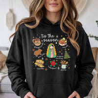 Virgencita Food Holiday Hoodie, Tis the Season Mexican Christmas Hoodie, Latinx Festive Hooded Sweatshirt, Mexican Food Graphic Hoodie