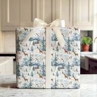 Snowy Cabin Holiday Gift Wrap, Watercolor Deer Winter Wrapping Paper, Rustic Forest Wrapping Paper, Mountain Christmas Tree Wrapping Paper