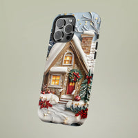 Snowy Winter Cabin Poinsettia iPhone Phone Case, Christmas Cottage Phone Case iPhone, 3D Holiday Tough Phone Cover, Xmas Present