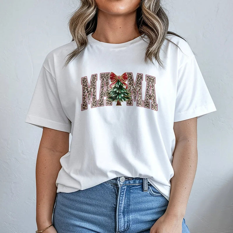 Adorable Holiday Season Graphic Tee, Mama Christmas Tree Leopard Print T-Shirt, Buffalo Plaid Mom Shirt, Festive Xmas Family Outfit Present