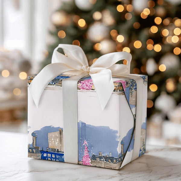 Watercolor Winter City Gift Wrap, Pink Christmas Tree Cityscape Wrapping Paper, Festive Street Holiday Wrapping Paper, Urban 