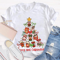 Coffee Christmas Tree Holiday Graphic Tee, Merry and Caffeinated Christmas T-Shirt, Festive Coffee Lover Xmas Shirt