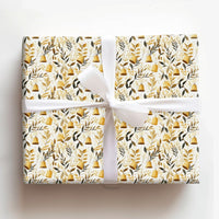 Watercolor Botanical Christmas Gift Wrap, Golden Bells Wrapping Paper, Vintage Holiday Leaves Wrapping Paper, Rustic Present Wrapping Paper