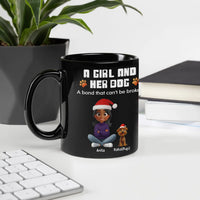 Holiday Pet Ceramic Coffee Mug, Girl and Her Dog Christmas Mug, Glossy Black Dog Lover Mug, Xmas Dog Mom Mug Present, Winter Drinkware