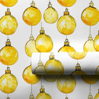Gold Baubles Holiday Gift Wrap, Yellow Ornament Christmas Wrapping Paper, Watercolor Festive Wrapping Paper, Holiday Season Gift Wrap Roll