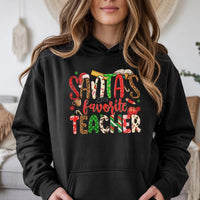 Leopard Plaid Teacher Christmas Hoodie, Santa's Favorite Teacher Hoodie, Festive Educator Holiday Hoodie, Winter School Staff Sweatshirt