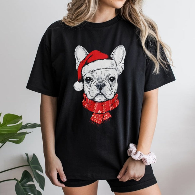 Adorable Santa Hat Frenchie Tee, French Bulldog Christmas Shirt, Holiday Dog Lover Graphic T-Shirt, Christmas Pet Shirt, Dog Lover Present
