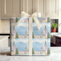 Watercolor Winter Cityscape Gift Wrap, London Big Ben Christmas Wrapping Paper, Festive London Holiday Wrapping Paper, Travel Gift Wrap Roll