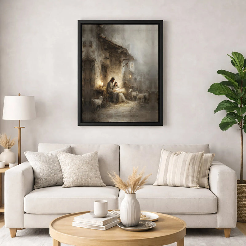 Holy Family Manger Canvas Wall Art, Nativity Scene Canvas Print, Religious Christmas Canvas Art, Christian Holiday Frameless Wall Decor