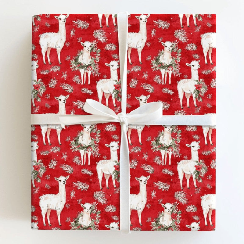 Red Holiday Animal Gift Wrap, Christmas Llama Wrapping Paper, Festive Wreath Llama Wrapping Paper Roll, Winter Snowflake Gift Wrap