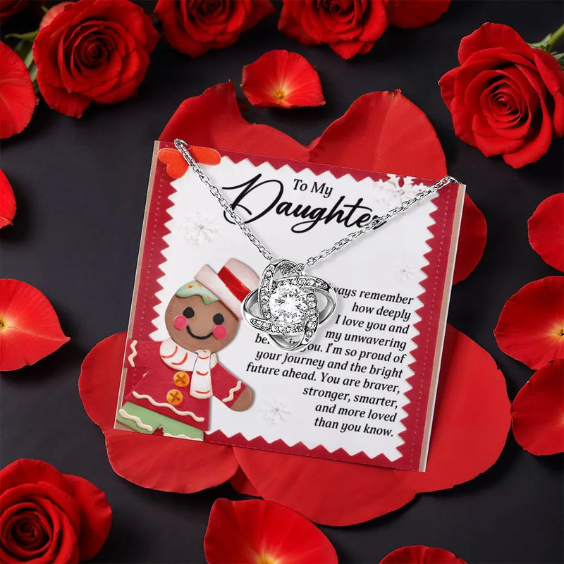 CZ Crystal Love Knot Pendant, Gingerbread Daughter Love Knot Necklace, Christmas Love Knot Jewelry, Holiday Daughter Present Rotating Rose Box