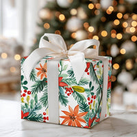 Christmas Holly Gift Wrap, Watercolor Poinsettia Wrapping Paper, Botanical Pine Wrapping Paper Roll, Festive Holiday Present Wrap Paper