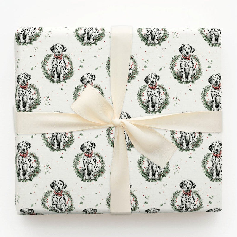 Dog Lover Gift Wrap, Dalmatian Christmas Wreath Wrapping Paper, Adorable Puppy Present Wrap, Festive Winter Pet Wrapping Paper, Xmas Gift Wrap