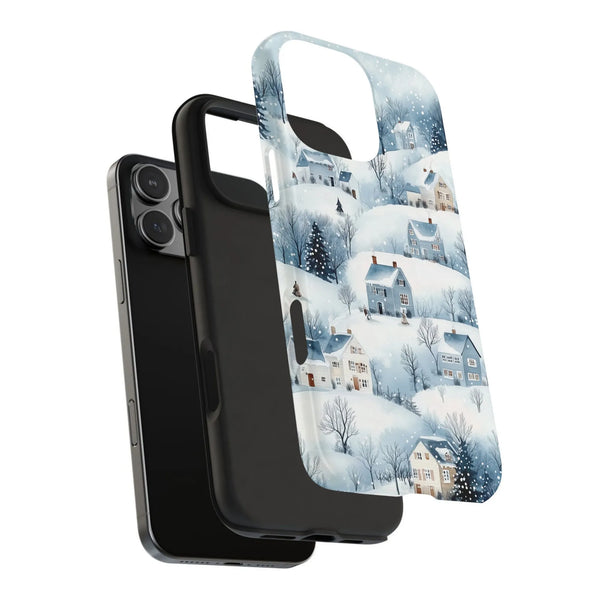 Snowy Christmas Town Cover, Watercolor Winter Village Phone Case, Dual Layer Tough Phone Case, Festive Holiday iPhone Case Pr