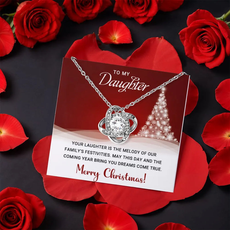 Rotating Rose Box CZ Crystal Knot Pendant, Daughter Christmas Love Knot Necklace, Daughter Holiday Jewelry, Christmas Keepsake Present