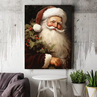 Classic Holly Christmas Canvas Print, Vintage Santa Claus Canvas Wall Art, Retro Holiday Portrait Canvas, Festive Xmas Decor, Winter Present