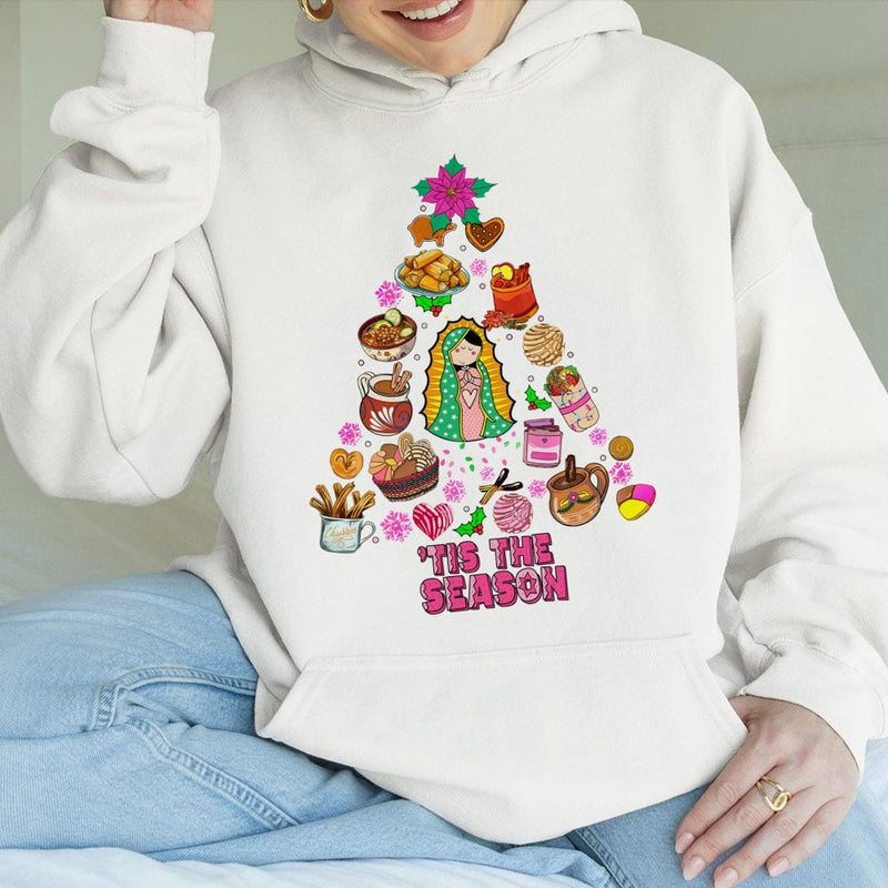 Mexican Holiday Tree Hoodie, Virgin of Guadalupe Christmas Hoodie, Hispanic Heritage Sweatshirt, Festive Catholic Winter Pullover Hoodie