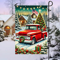 Winter Farmhouse Snow Scene Yard Flag, Vintage Red Pickup Truck Christmas Garden Flag, Double Sided Holiday Lawn Flag, Xmas Yard Decor