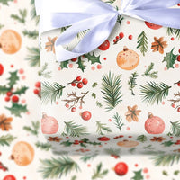 Holly Pine Holiday Gift Wrap, Watercolor Ornaments Christmas Wrapping Paper, Festive Xmas Wrapping Paper, Seasonal Present Gift Wrap Roll